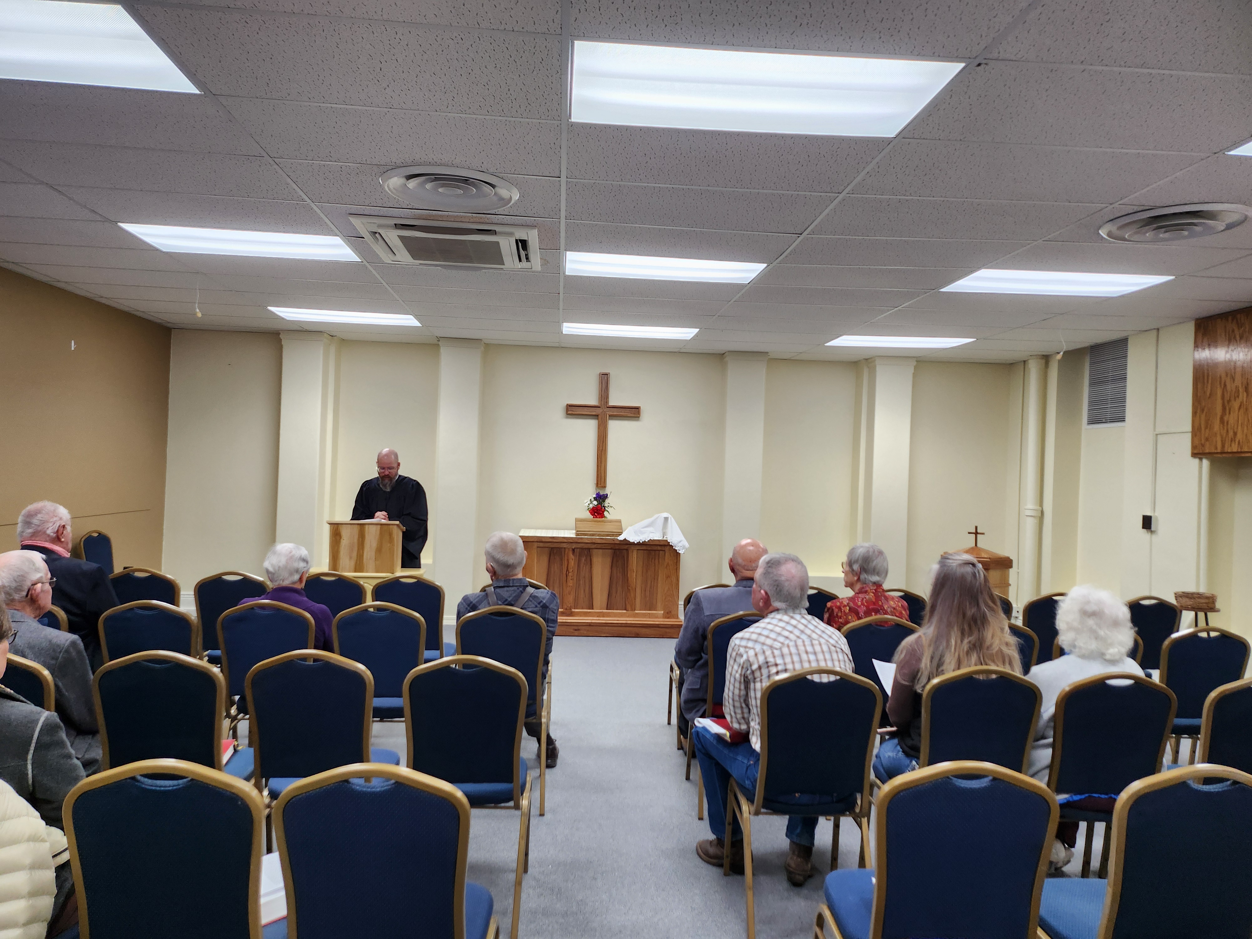 A view of the worship service from the back of the church, similar to the livestream